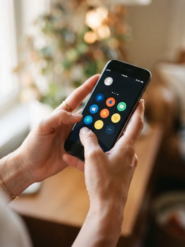A close-up of hands holding a smartphone with a clean, high-contrast interface under soft natural window light, shallow depth of field, warm lifestyle photography.