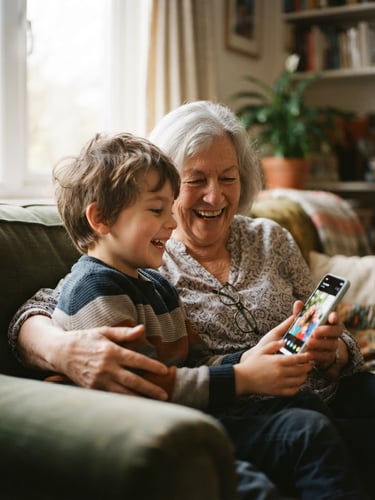 A warm over-the-shoulder shot of a grandmother and grandson laughing together while looking at a clean, high-contrast mobile screen, soft natural window light, 35mm