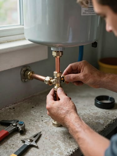 Close-up of a plumber's hands tightening copper pipe fittings on a new tank water heater in a residential basement on Montreal's South Shore, natural daylight from a small window, tools on the concrete floor beside the unit