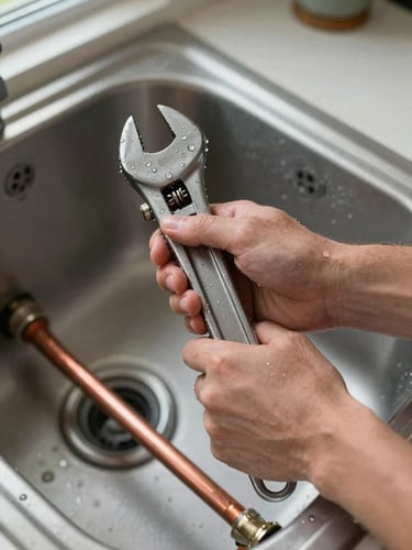Close overhead view of a plumber's hands gripping a pipe wrench on an exposed copper pipe under a sink, water droplets visible on the metal, natural daylight from a nearby window on a South Shore residential property