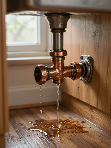 Close-up of a corroded pipe joint under a kitchen sink, water actively dripping onto the cabinet floor, natural daylight filtering through a small basement window, focus on the wet copper fitting and water stain on the wood