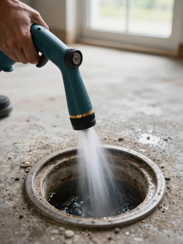 Close overhead shot of a hydrojet nozzle being lowered into a residential drain pipe opening, high-pressure water jet visible, South Shore basement floor in background, natural afternoon light from a ground-level window, no faces, focus on the nozzle and pipe