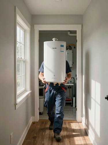 Wide shot of a technician carrying a new tankless water heater unit through a suburban South Shore home hallway toward the utility room, afternoon light through a side window, no face visible