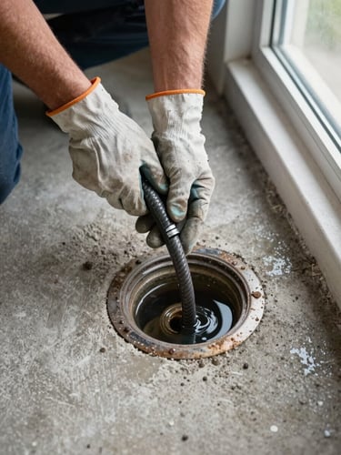 Close overhead shot of a plumber's hands feeding a drain snake into a floor drain in a South Shore basement, concrete floor, standing water visible around the drain opening, work gloves, natural daylight from a window off-frame to the right