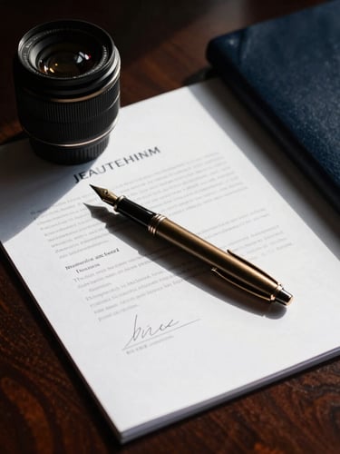 Dramatic low-key close-up of signed executive legal documents on a dark mahogany desk, sharp window light casting deep shadows, bronze fountain pen, 35mm lens