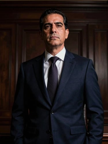 Dramatic, low-angle portrait of Lic. José Luis Arauz Lara in a dark, imposing law office, chiaroscuro lighting, sharp suit, confident and serious expression, deep navy and bronze tones.