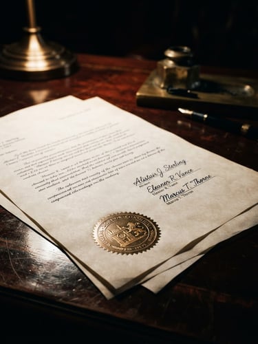 Sharp close-up of signed executive documents on a dark mahogany desk, dramatic low-key lighting, high-contrast chiaroscuro, deep navy and bronze tones, 35mm lens