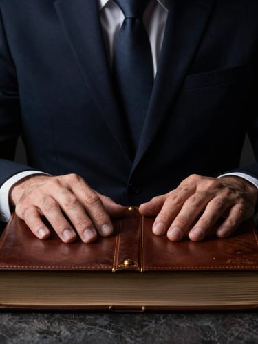 Portrait shot of a focused lawyer's hands on a heavy leather-bound legal text, dramatic low-key lighting, chiaroscuro, deep navy and bronze tones, 35mm lens.