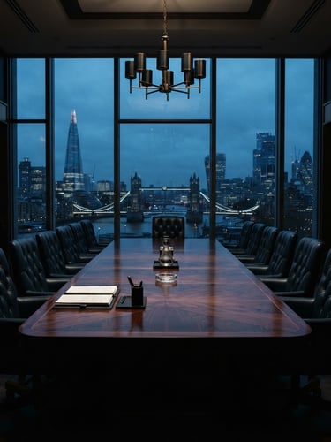Interior de un despacho legal de alta gama, con una mesa de conferencias de caoba oscura y sillas de cuero, luz dramática entrando por una ventana grande, estilo fotográfico de bajo contraste, tonos azul marino y bronce, lente de 35mm, composición arquitectónica imponente.