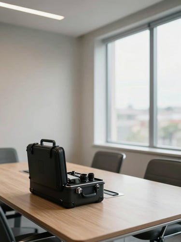 Wide shot of an optometrist setting up an examination kit on a conference room table in a modern office interior, natural daylight from floor-to-ceiling windows on the right, neutral tone walls, no people visible — the kit and space convey professional readiness
