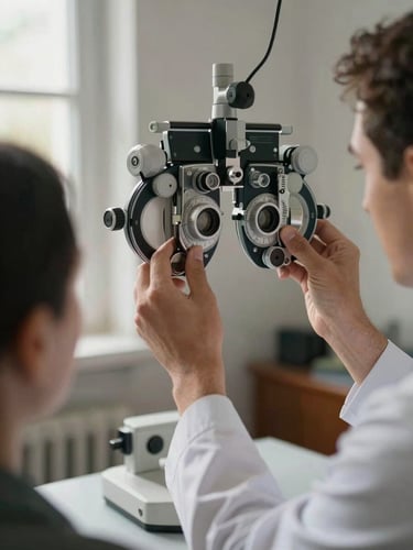Close-up medium shot of an optometrist adjusting a phoropter dial with both hands during an eye exam in a residential living room, soft afternoon window light, patient's face partially visible in the foreground, calm and unhurried atmosphere