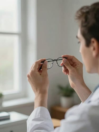 Intimate medium shot, soft natural window light from the left — an optometrist's hands delicately adjusting the temple of a pair of glasses on a patient's face, the patient's profile in soft focus in the background, clean home interior visible behind them, shallow depth of field, no smiling faces, calm and precise atmosphere