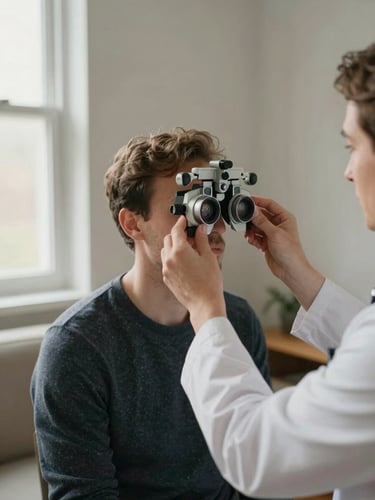 Intimate medium shot of an optometrist's hands positioning a phoropter in front of a patient seated in a calm home living room, soft natural window light from the left, neutral wall in background, no clutter
