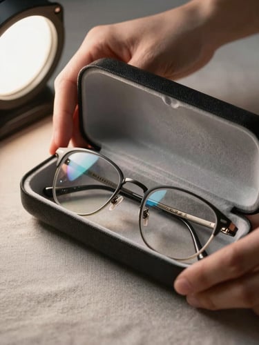Extreme close-up of hands holding an open eyeglass case with a pair of fitted frames on a neutral linen surface, soft studio light from the left, lens clarity visible, no text or branding in frame