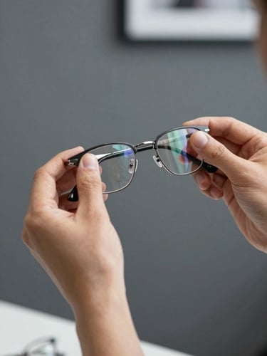 Close-up of an optician's hands gently adjusting temple arms of eyeglass frames on a patient's face in a quiet home office setting, soft diffused daylight, charcoal background wall, precise and calm