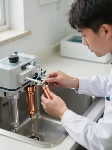 A professional technician in a clean uniform calibrating an under-sink RO water purifier, focused hands adjusting a copper filter, bright indoor daylight, 35mm.