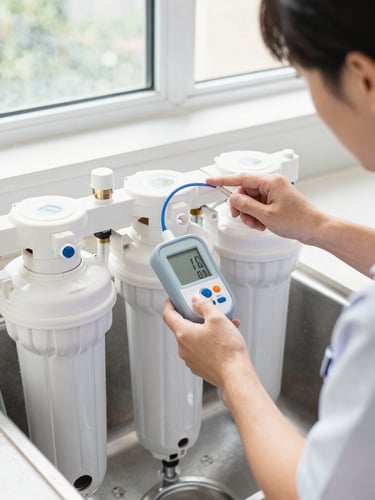 A certified technician in a clean uniform calibrating an under-sink RO water filtration system with a digital TDS meter, bright natural daylight, 35mm