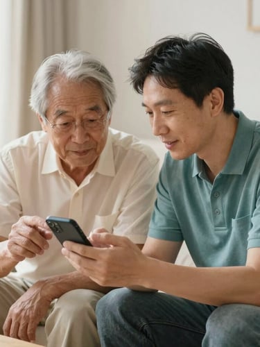 An instructor sitting closely next to an older man, patiently showing him something on a smartphone in a bright, cozy room with soft daylight.