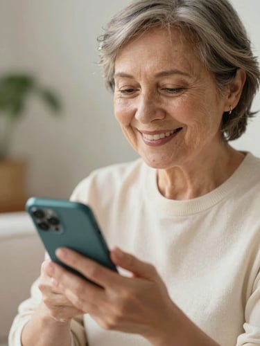 Close-up of a smiling 65-year-old woman holding a smartphone, warm natural morning light, soft cream and teal tones, shallow depth of field, authentic expression.