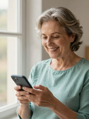 Uma senhora sorridente de cabelos grisalhos usando um smartphone de forma confiante, iluminada por luz natural suave vinda de uma janela lateral, estilo fotográfico editorial quente