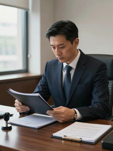 Close medium shot of a male attorney in a dark navy suit seated at a large wooden desk, reviewing a thick legal folder, cool office window light from the left, notarial stamp and certified documents visible on the desk surface, face slightly angled downward in concentration