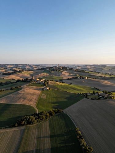 Wide panoramic aerial study of a central Italian valley at early morning light, patchwork of cultivated fields and ridge-line villages visible in the far distance, low-angle north-facing daylight raking across the land, shot from altitude with the horizon placed low and generous sky above, no human figures, landscape reads as a living system of connections