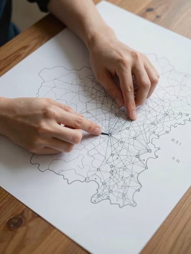 Close overhead study: a pair of hands tracing pencil lines across a hand-drawn territorial diagram spread on a wooden table, north-facing daylight raking across the paper from the upper left, fine contour markings visible, the fingers mid-gesture pointing to a node in the network