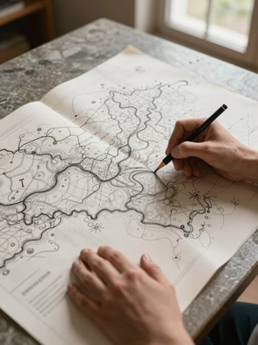 Close overhead study of a pair of hands tracing pencil lines across a large hand-drawn territorial map spread on a stone table, north-facing daylight from a tall window, fine graphite marks visible mid-gesture, warm cream paper, a few cartographic symbols and contour arcs at the edges of frame