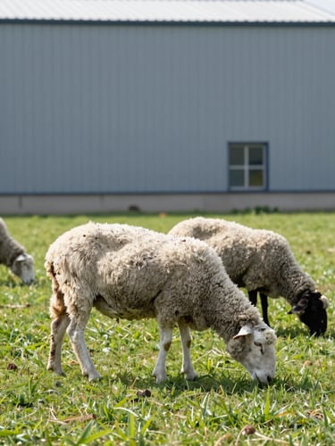 Medium shot of healthy sheep grazing in a clean, modern Azerbaijani pasture, bright natural daylight, sharp focus, 35mm lens