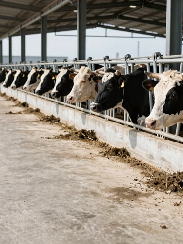 Crisp industrial photography of a modern cattle farm, clean concrete feeding lanes, bright natural daylight, sharp focus, 35mm lens