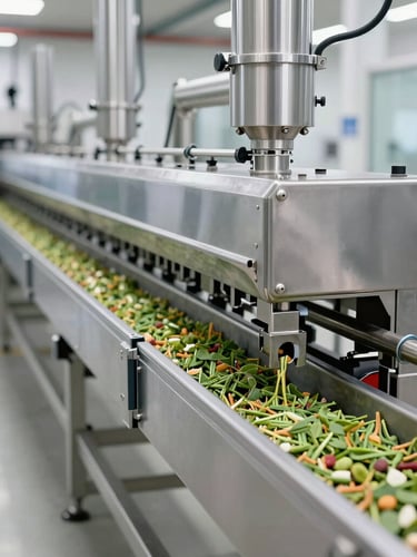 A long perspective shot of a modern automated feed production line with clean stainless steel machinery, bright industrial lighting, crisp focus