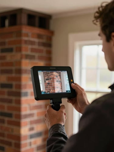 A professional chimney technician in Champaign operating a digital inspection screen, showing high-resolution masonry details, warm indoor lighting, shallow depth of field