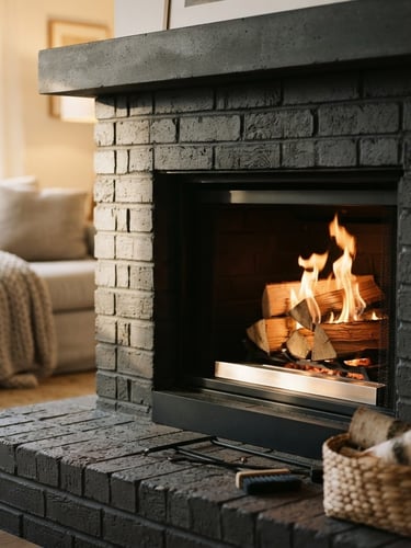 A close-up of a modern clean fireplace hearth in a warm living room, soft afternoon window light illuminating clean brickwork, shallow depth of field