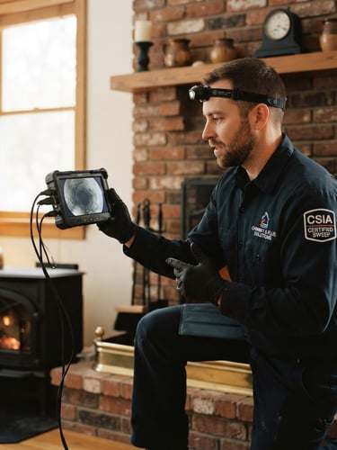 A certified chimney sweep technician in a clean uniform holding a high-tech flue camera monitor, warm indoor lighting, brick fireplace in background