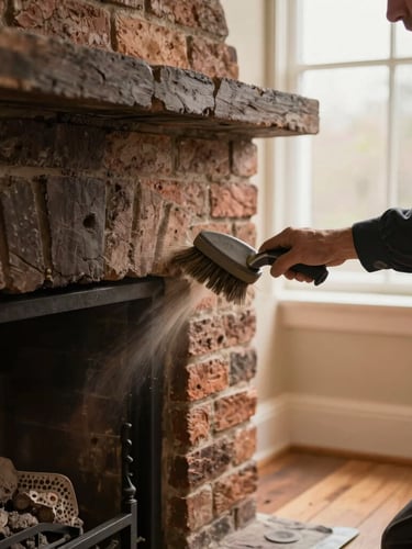 Close-up of a technician carefully brushing soot from a clean brick fireplace hearth, protective floor sheeting visible, warm ambient light