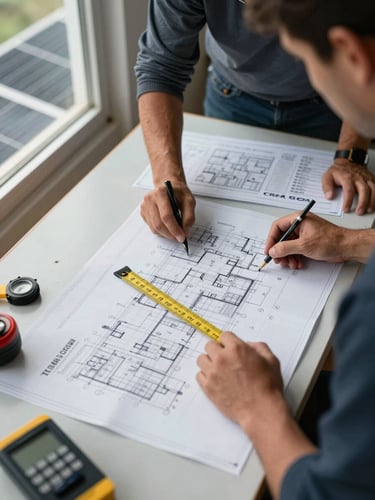 Overhead close-up of a solar installation crew reviewing engineering blueprints spread on a worktable at an Amapá job site, measuring tools and CREA documentation visible, cool daylight from a window to the left