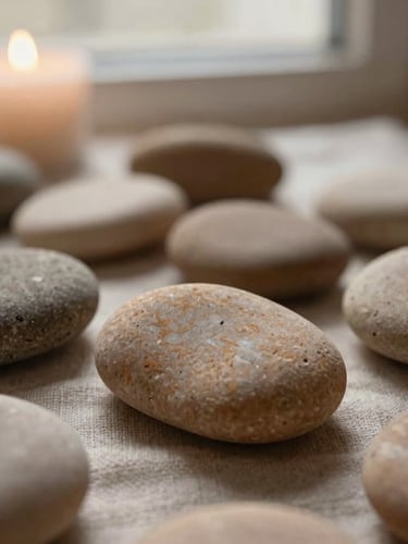 Macro close-up of smooth warm basalt stones resting on soft folded linen, gentle morning window light, shallow depth of field, muted earth tones