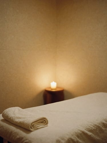 An empty, immaculate treatment room with warm travertine walls, soft diffused candlelight, folded linen towels on a massage table, 35mm film