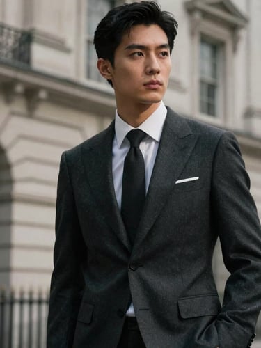 Editorial portrait of a partner in a bespoke charcoal suit, looking off-camera, dramatic low-key lighting, soft focus London architectural background.