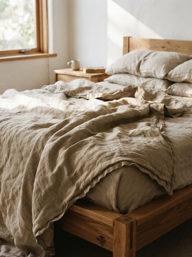 A rumpled heavy-gauge linen quilt draped over a low oak bed frame, warm morning window light casting soft shadows, tactile fabric grains visible, 35mm photography