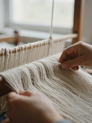 Macro close-up of artisan hands weaving thick-gauge wool on a traditional wooden loom, soft morning window light, high texture, 35mm