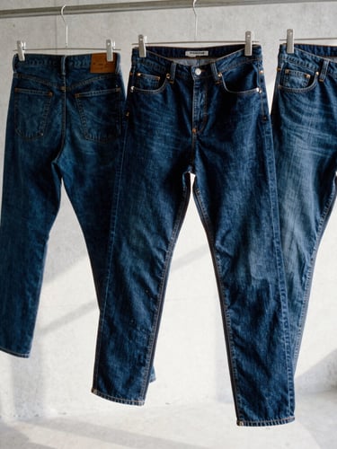 Tactile film photography of raw denim jeans hanging in a minimalist concrete workshop, harsh natural daylight, sharp side-shadows