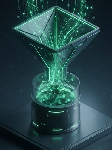 Sleek 3D render of a digital growth funnel, isometric perspective. Electric green and deep slate accents, glowing data nodes flowing downward into a solid cylinder. Dark mode aesthetic, moody high-contrast technical lighting with soft neon glow.