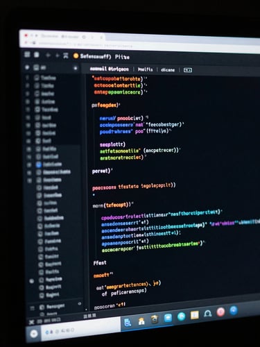 Moody dark-mode UI photography, glowing ambient neon accents, sharp high-contrast details of code on screen, shallow depth of field, 35mm