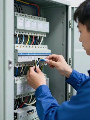 Close-up of a professional technician in a clean uniform neatly organizing wires inside a modern electrical panel, sharp focus, natural daylight.