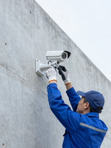 A technician wearing protective gloves adjusting a security camera bracket on a clean concrete wall, bright natural daylight, slate blue tones
