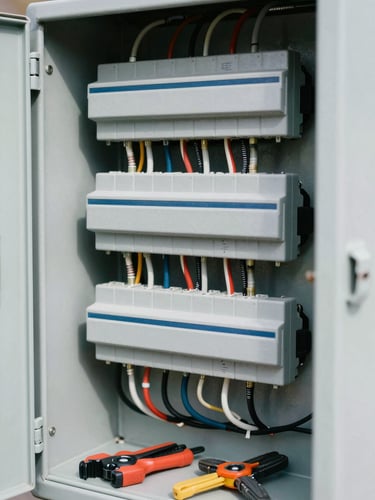 Close-up of a neatly organized electrical panel with clean wiring, professional technical tools nearby, bright natural daylight, 35mm