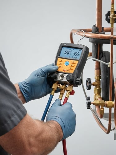 Close-up of a professional technician holding a digital manifold gauge connected to copper pipes, bright high-key product photography, crisp studio light, clean light gray background