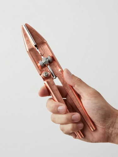 A professional HVAC technician in a clean workshop holding a copper pipe cutter, natural work environment, bright high-key lighting, sharp focus