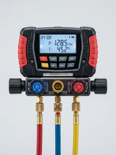 Bright high-key product photography of a digital manifold gauge on a clean light gray background, crisp studio light, sharp focus on technical details